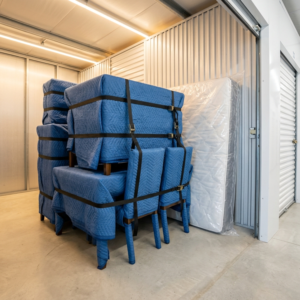 Mobilier protégé et rangé dans un espace de stockage